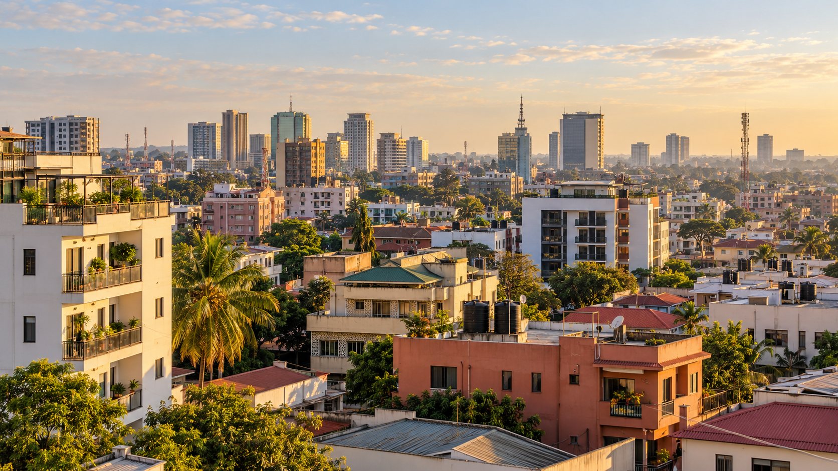 Illustrative editorial view of an African city skyline and rooftops