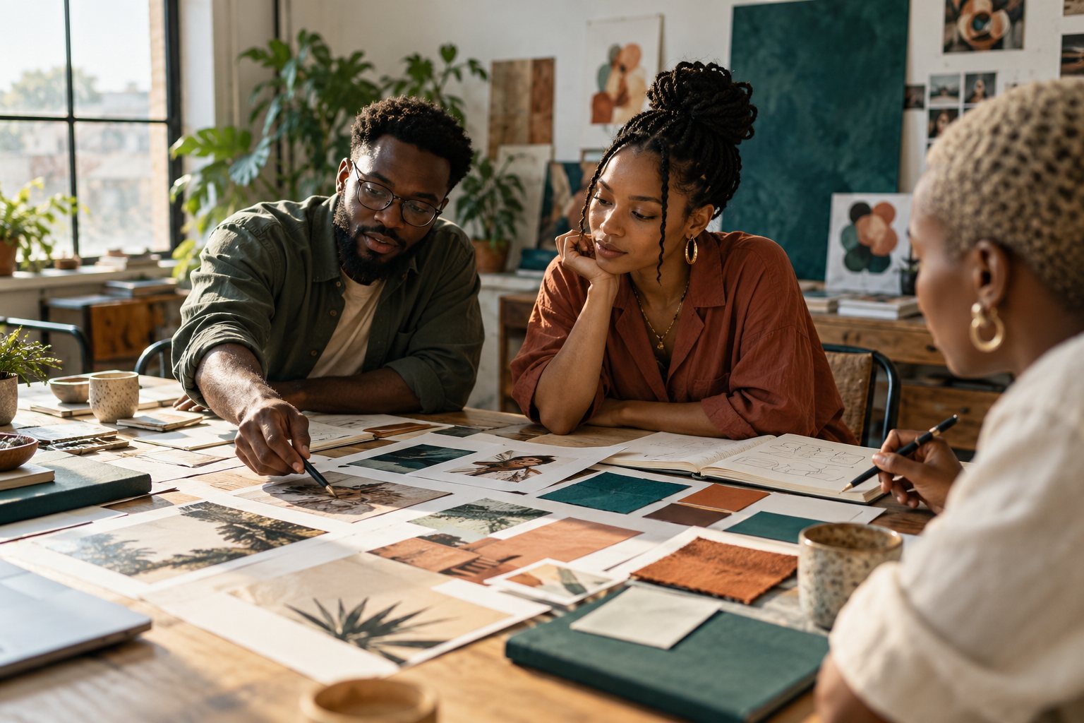 Illustrative image of a creative team reviewing printed brand references and color studies