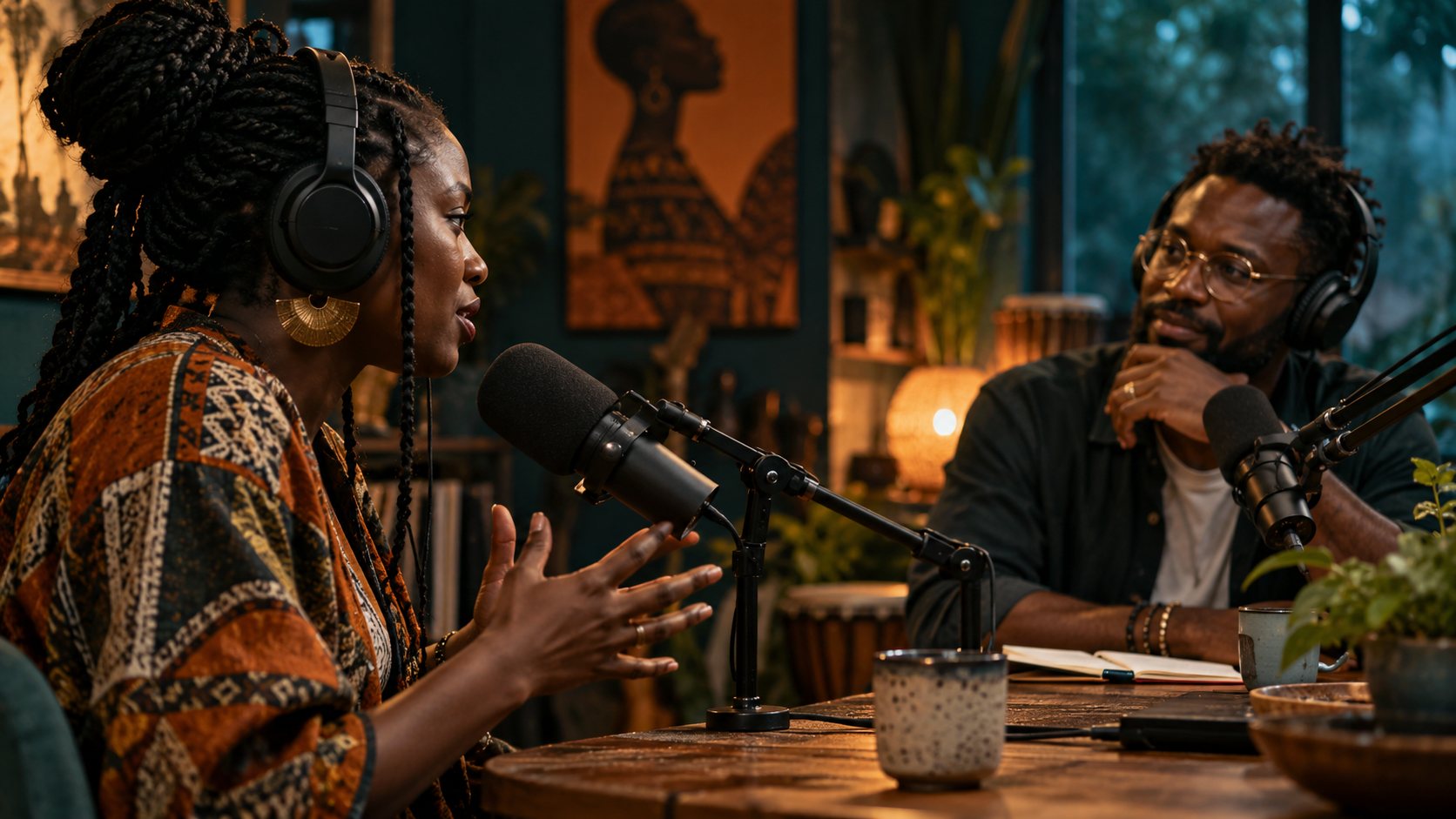 Illustrative podcast conversation in a warm, intimate recording studio